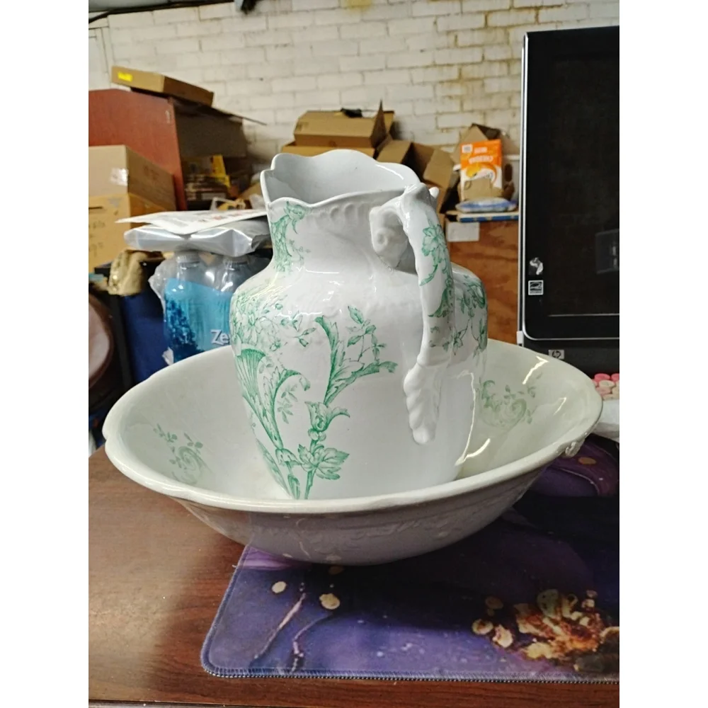 Crescent China George Jones & Sons Antique Pitcher Wash Basin Flowers Green